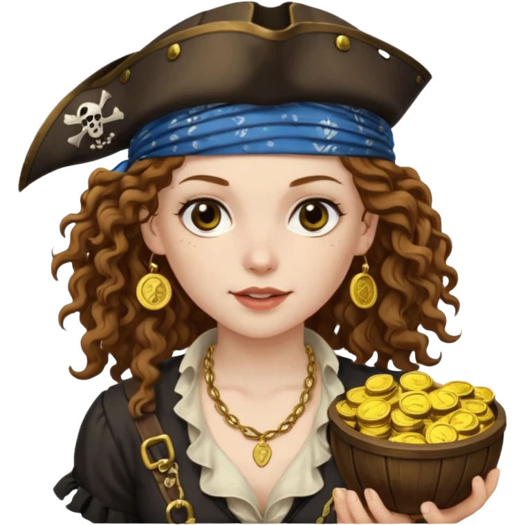 Lady Pirate With holding Coins, curly hair. emoji