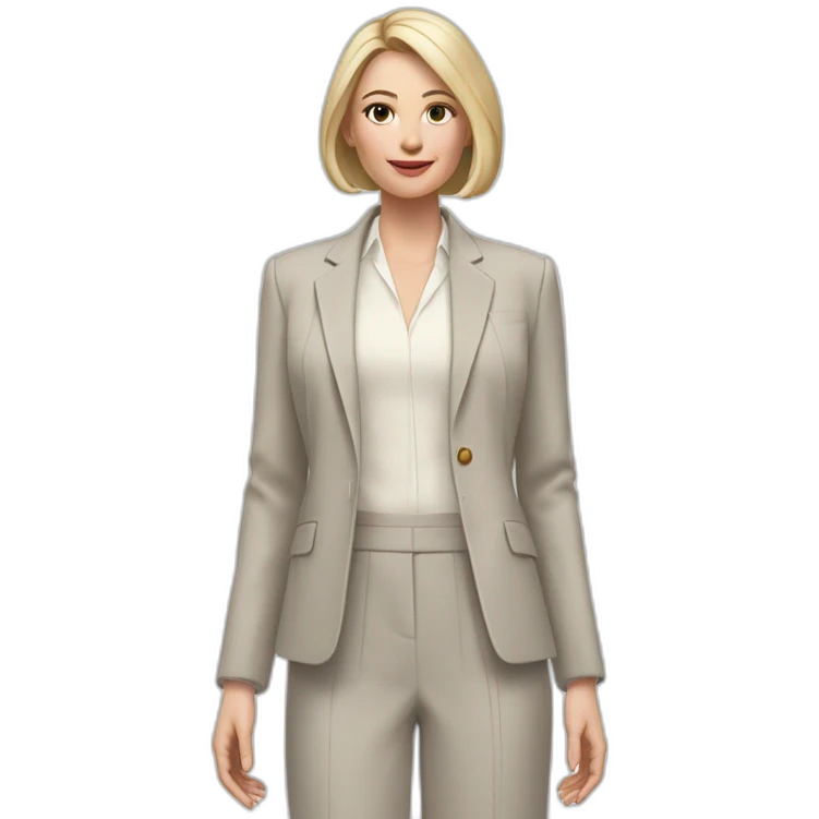 Full height Actively gesturing with hands pale skin woman with ash blonde Straightened bob Hair, White Spacious classical jacket, beige palazzo Arrow pants and gray blouse emoji