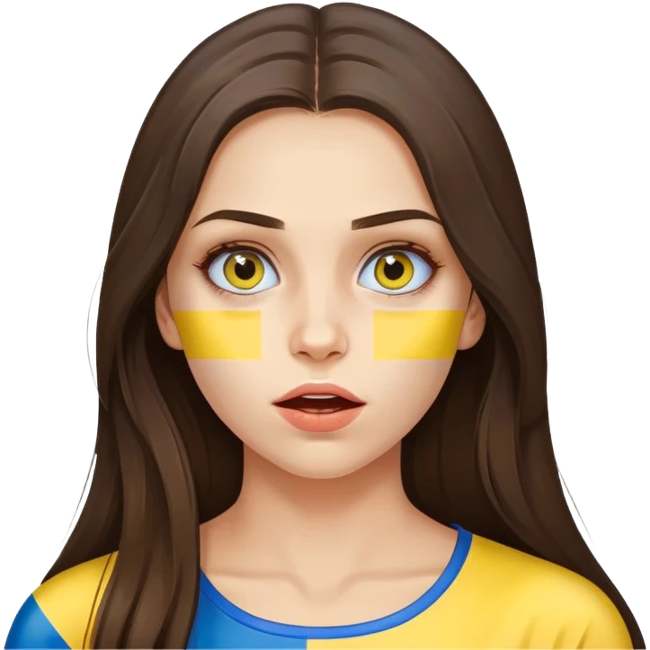 Brunette woman with long hair, Ukrainian flag (blue and yellow) painted on her cheek, surprised expression emoji
