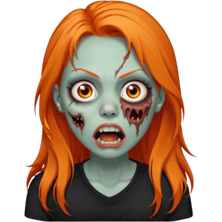Faça uma zumbi feminina com cabelos longos e laranja, deve estar vestindo uma camisa preta e ter seus olhos castanhos escuro, não esqueça de colocar a sombrancelha da cor do cabelo e faça ela abrir um pouco a boca como um zumbi e adicione um piercing em seu nariz  emoji