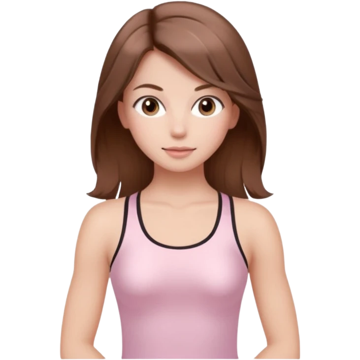 brown hair girl wearing light pink pilates clothes, silk beautiful medium hair and brown eyes emoji