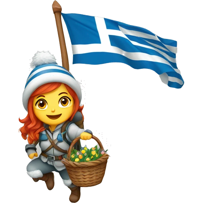 red hair female winter mountaineer climbing with Easter basket and Greek flag emoji