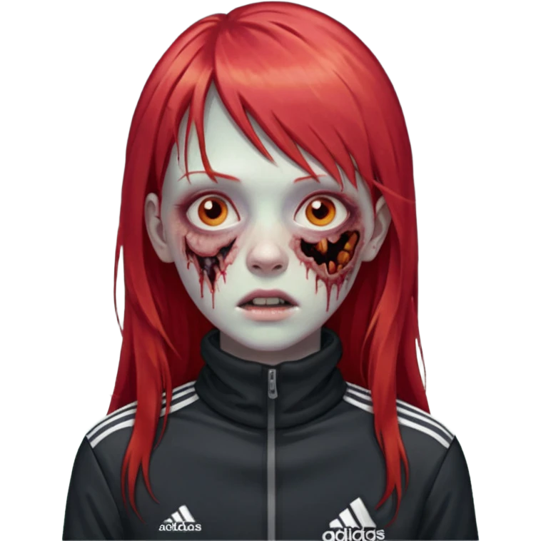 Crie um emoji de uma menina zumbi  com o cabelo vermelho longo com uma franja reta casaco de gola alta da adidas emoji