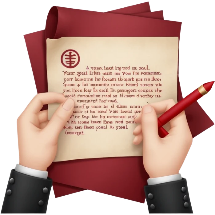 Minimalist emoji-style sticker of a pale hand signing a parchment contract titled “YOUR SOUL” in gothic font, muted red ink, grayscale background emoji