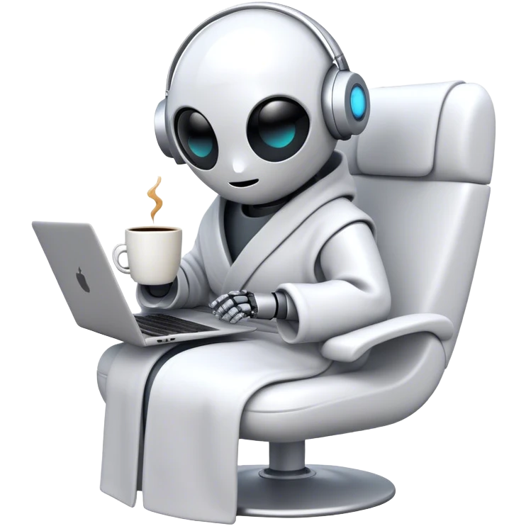An emoji of a remote-working robot, sitting comfortably with a laptop, wrapped in a cozy bathrobe. The robot has a sleek, futuristic design with expressive digital eyes, sipping a virtual coffee. The scene should feel relaxed yet high-tech emoji