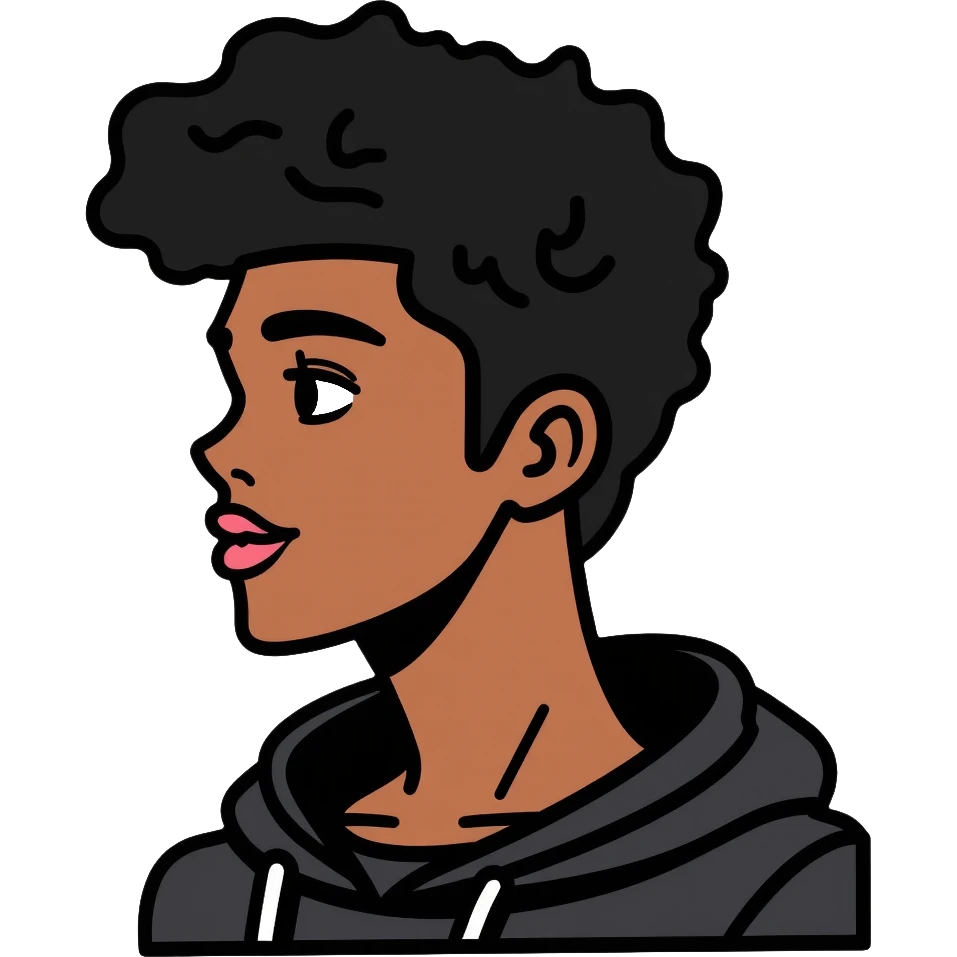 Black man with mid afro hairstyle wearing a black shirt and hoodie emoji