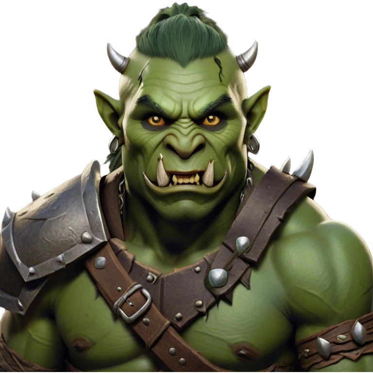 Cinematic Realistic WoW Orc Warrior Portrait, head tilted dramatically with an exaggeratedly amused expression, blending raw, primal might with a touch of unexpected humor. His battle-scarred green skin, robust muscles, and intricately detailed tribal armor in deep, earthy tones are rendered with lifelike texture and dynamic lighting, high shine, dramatic yet whimsical, capturing an orc warrior whose epic strength is matched by a playful, irreverent charm. emoji