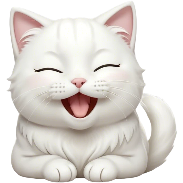 Cinematic Cute Yawning White Cat Portrait Emoji, Head gently tilted with an endearing, wide-open yawn and softly closed eyes, showcasing a pristine white fur with delicate hints of silver, simplified yet irresistibly adorable, highly detailed, glowing with a tender, cozy radiance, high shine, exuding sleepy charm and gentle affection, styled with a soft glowing outline, capturing the essence of a white cat caught mid-yawn, radiating pure, adorable lethargy! emoji