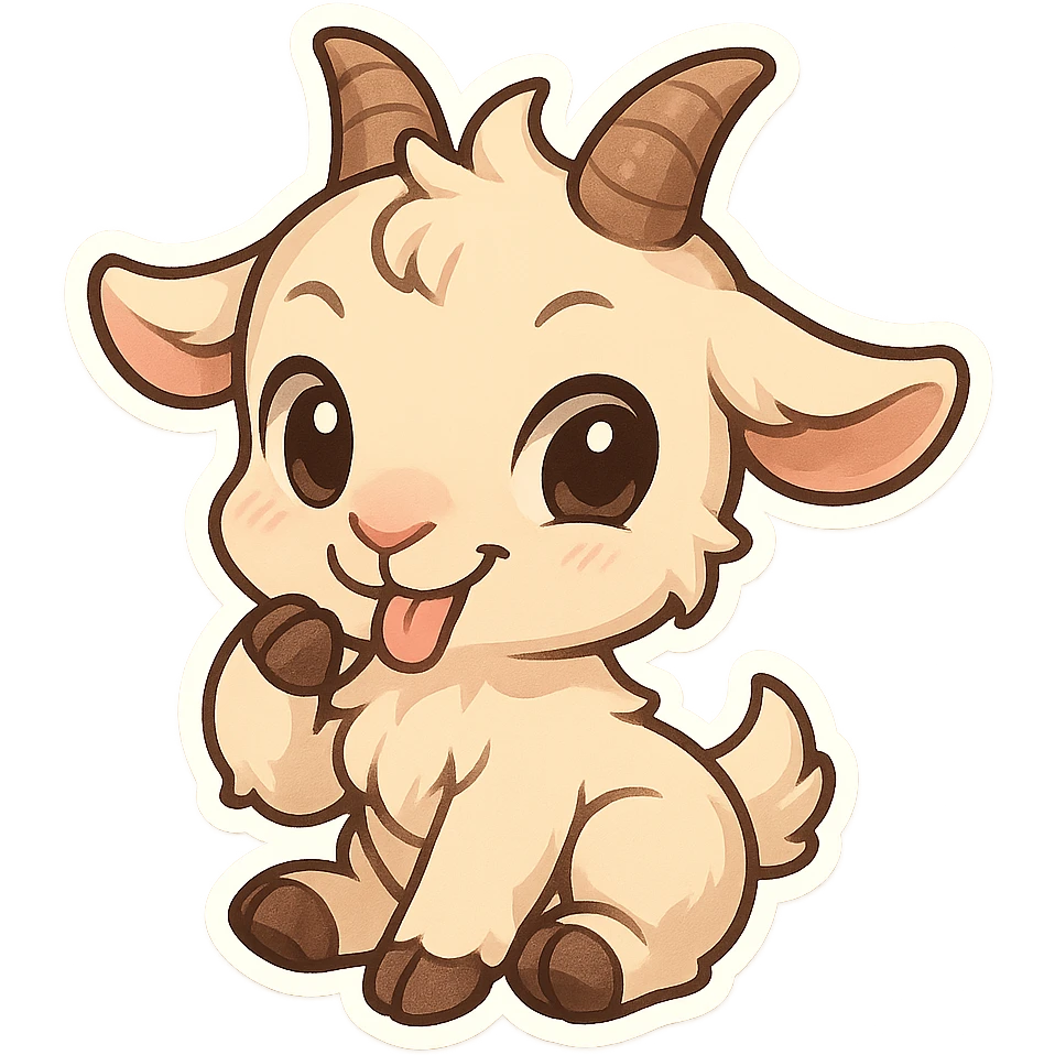 chibi goat, mischievous, cute, big eyes, playful expression, simple background emoji