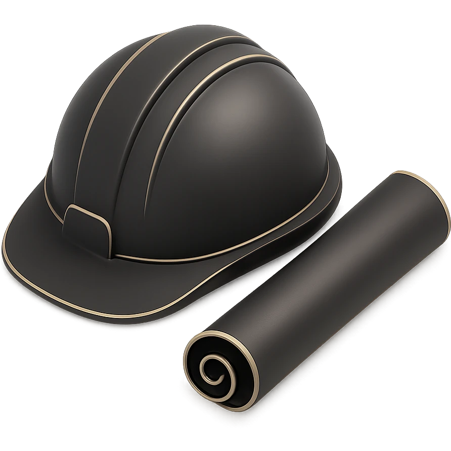 a construction helmet and a rolled-up construction drawing placed together in 3D black style emoji