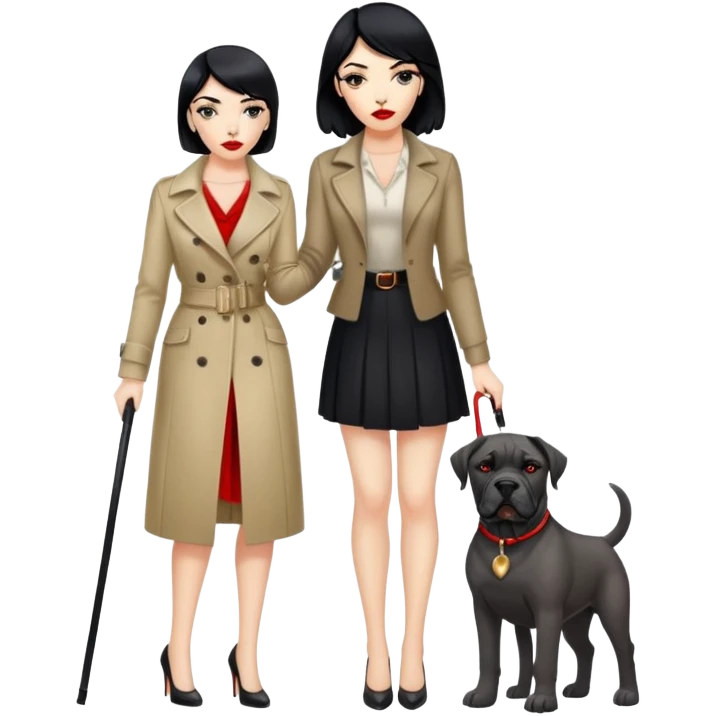 fashionable woman with red lips and black hair next to a Cane Corso dog emoji