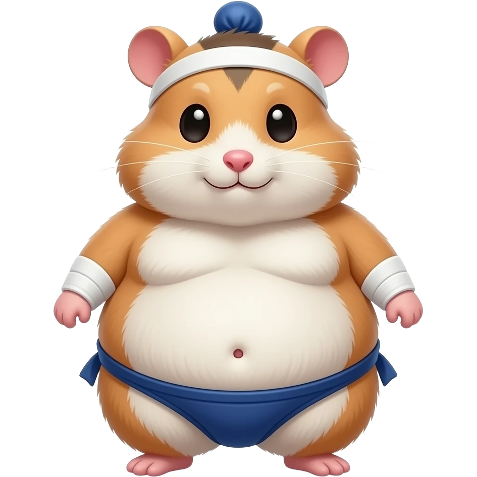 A cute female hamster,suited to be a sumo wrestler,she rubs her huge overstuffed stomach,a cute little bellybutton poking out of her fur,she is massively fat. emoji