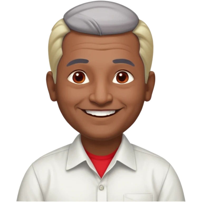 50 yr old indian man, dark skin, grey hair, big smile, white teeth, chubby, no moustache, clean shaven, young style hair, hair brushed back, 5 oclock shadow, bindy, dress shirt, forehead dot, chubby, religious, red dot emoji
