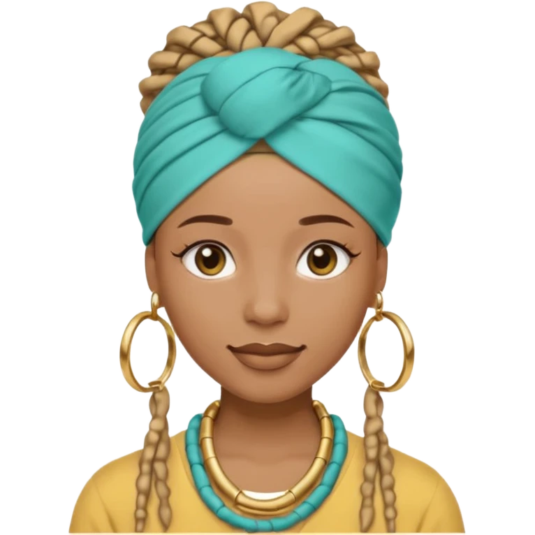 Non-portrait Jayci-vibe emoji, 1024 PNG, transparent. Headwrap (muted R-G-G), hoops, locs hint; soft smile, golden inner glow + faint heart aura. Embed: first-love, roots calm, playful grace, protective joy, consent. emoji