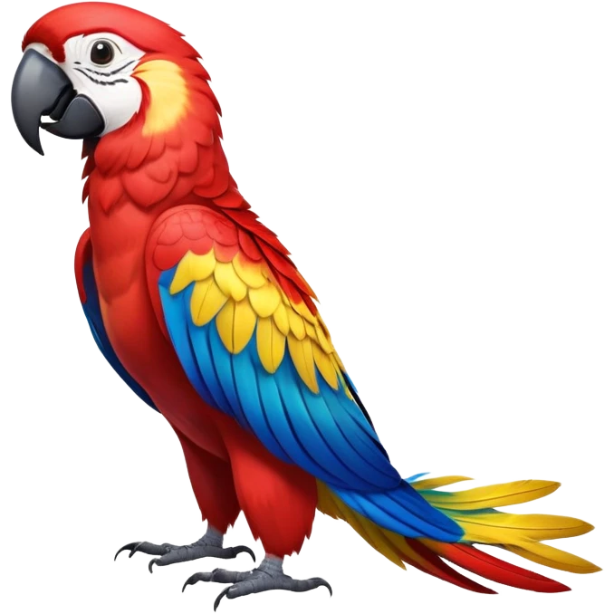 cinematic-macaw-realistic-full-body-standing-emoji,-vibrant-feathers-glowing-with-rich-reds,-blues,-and-yellows,-head-tilted-dramatically,-curved white-beak-gleaming,-piercing-dark-eyes-exuding-confidence,-simplified-yet-realistic-focused emoji