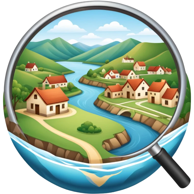 An icon featuring a magnifying glass over a local map, with a small village, traditional house, and natural landmarks like a river and hill, symbolizing local history and geography. Transparent background highlights the study of native land, culture, and heritage. emoji