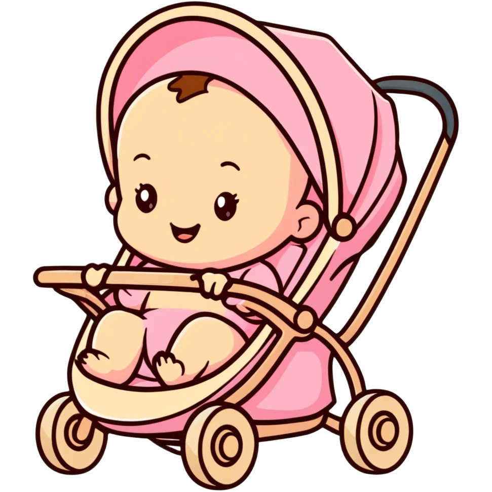 happy baby sitting in a pink gradient and beige stroller emoji