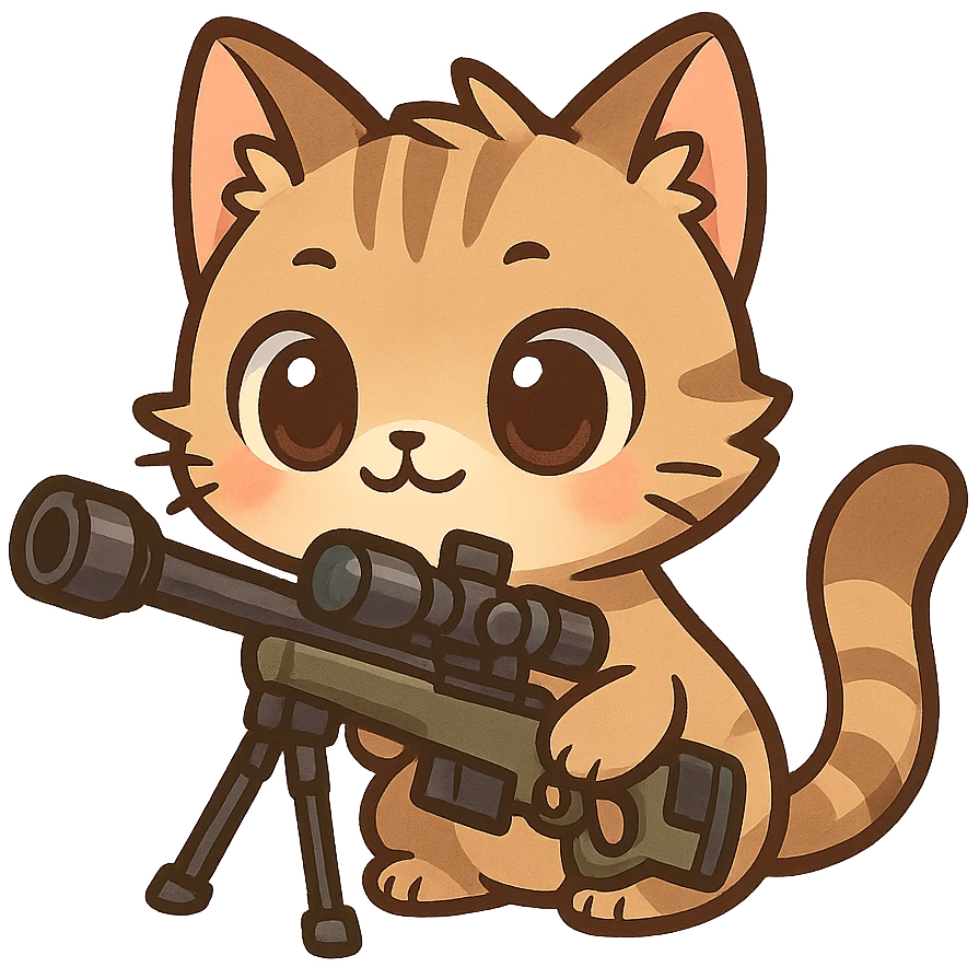 a chibi cat with a large sniper rifle, cute and exaggerated emoji