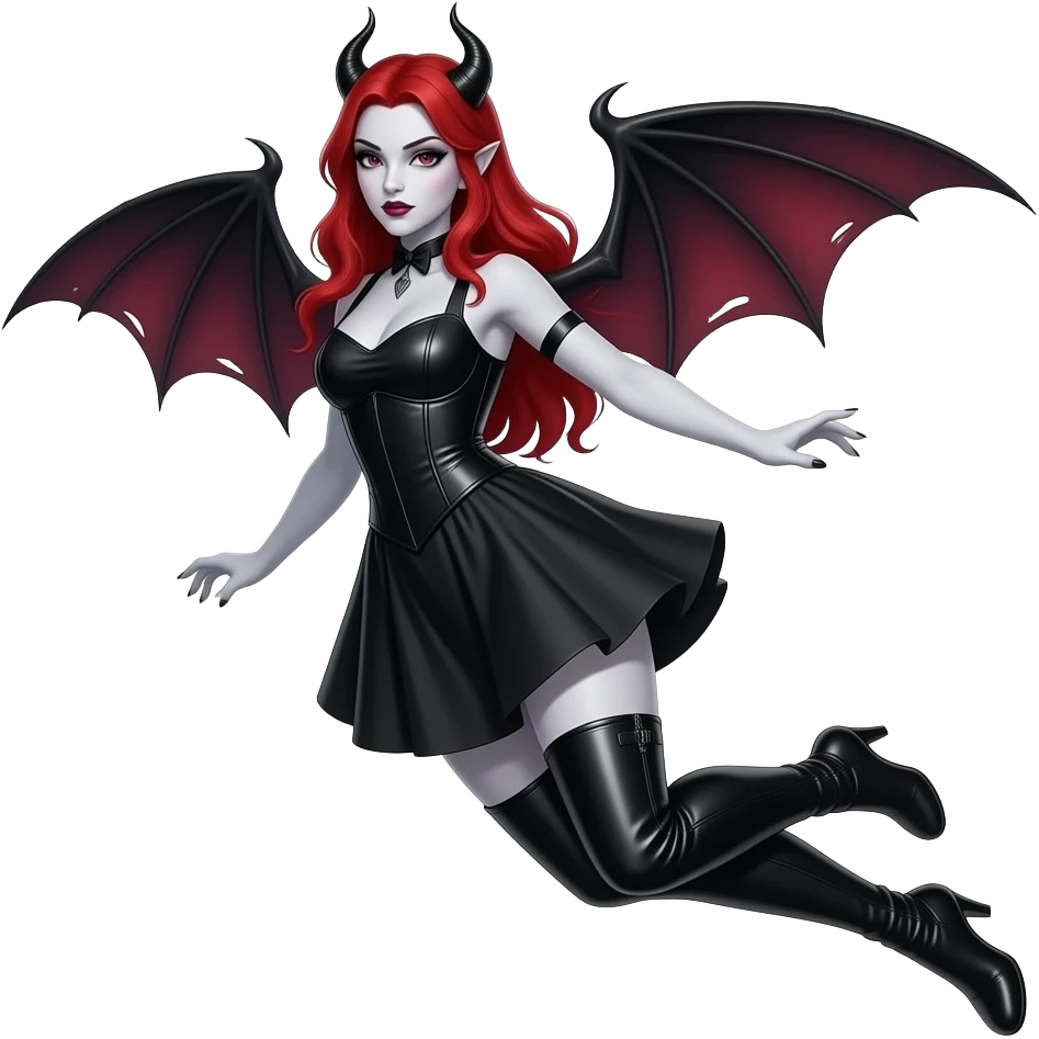 vampiro femmina con pelle bianca e capelli lunghi e rossi con un vestito stretto in vita e largo sotto corto nero e anfibi neri che arrivano alle ginocchia che vola emoji