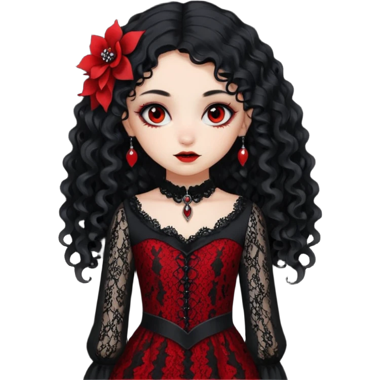 A girl with a red goth vampire look in a black and red goth lace dress with long sleeves and long black curly hair Fox eyes emoji