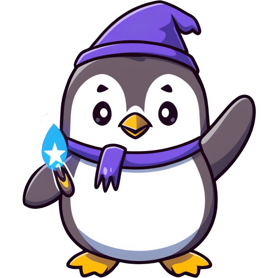Cute penguin wizard casting spell with sparkling magic emoji