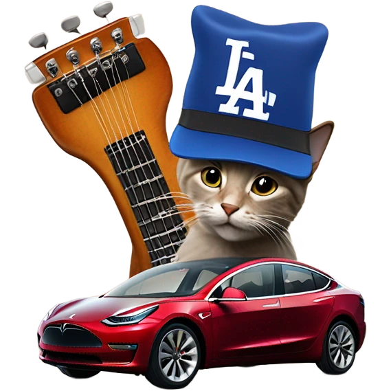 Cat play guitar with Jordan’s and a dodgers hat on top of a Tesla model 3 emoji
