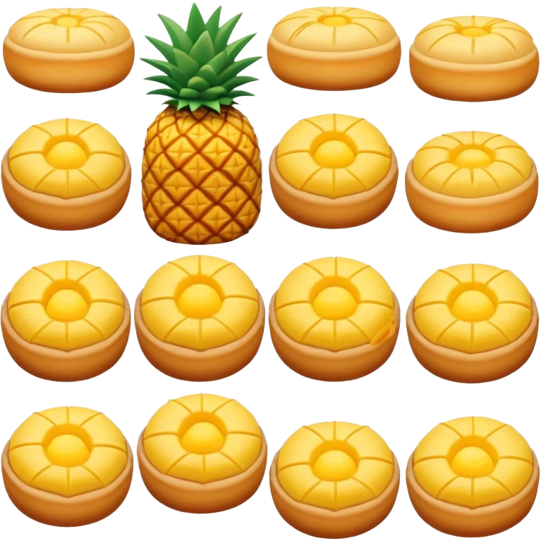 Chinese pineapple bun with crispy yellow top crust, simplified emoji style with bold outlines and bright colors, cartoon style Bo Lo Bao pastry emoji
