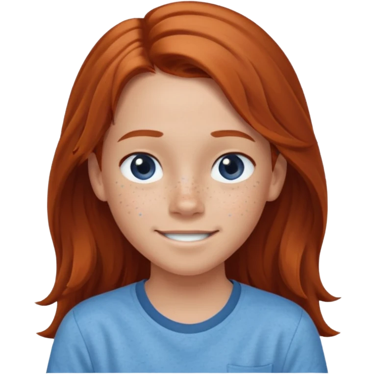 smiling shrugging emoji tween long auburn hair light blue shirt with a darker blue L emoji
