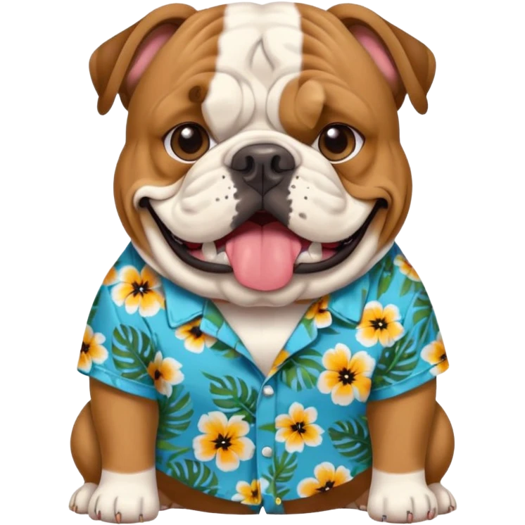 emoji of an english bulldog, Hawaiian shirt, visible dog tag with 'chompers' emoji