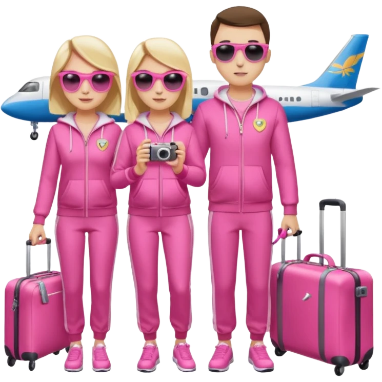 Девушка и мужчина стоят в аэропорту с чемоданами. На фоне самолет в и табло с рейсами. Девушка в спортивном костюме, мужчина тоже в спортивном костюме. Девушка держит дамскую сумку розовую. Мужчина держит фотоаппарат в руке и на нем солнцезащитные очки  emoji