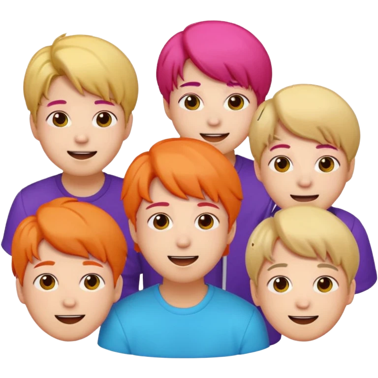 BTS group emoji featuring all seven members together, group pose, cheerful expressions, vibrant colors, simple background emoji