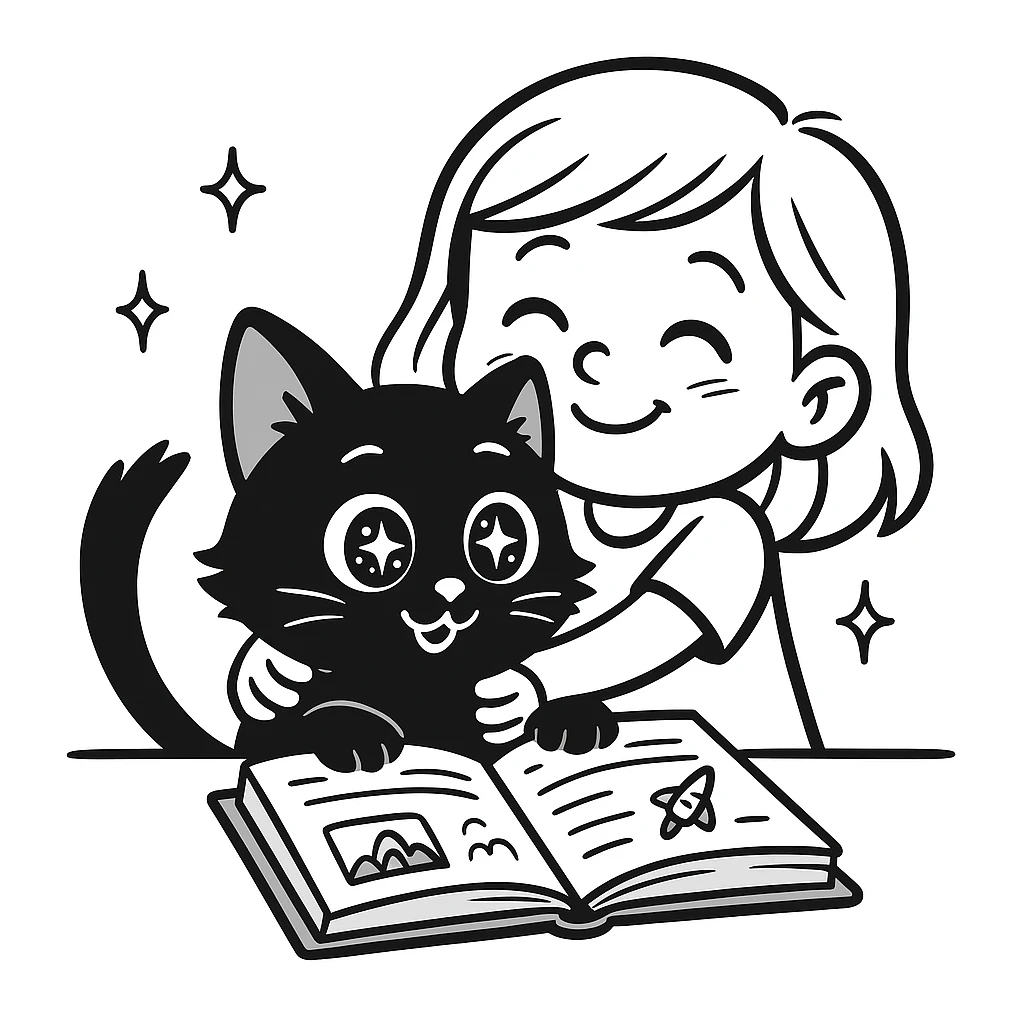 A kitten sitting at a table holding a book with stars in its eyes, and a girl hugging him from behind, doodle style. emoji