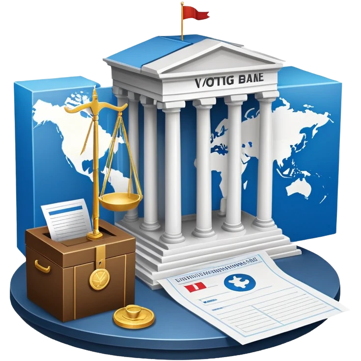 An icon featuring a ballot box with a voting paper, a government building with columns, and a scale of justice, symbolizing political science. The design includes a world map in the background, representing global political systems. Transparent background highlights governance and civic studies. emoji