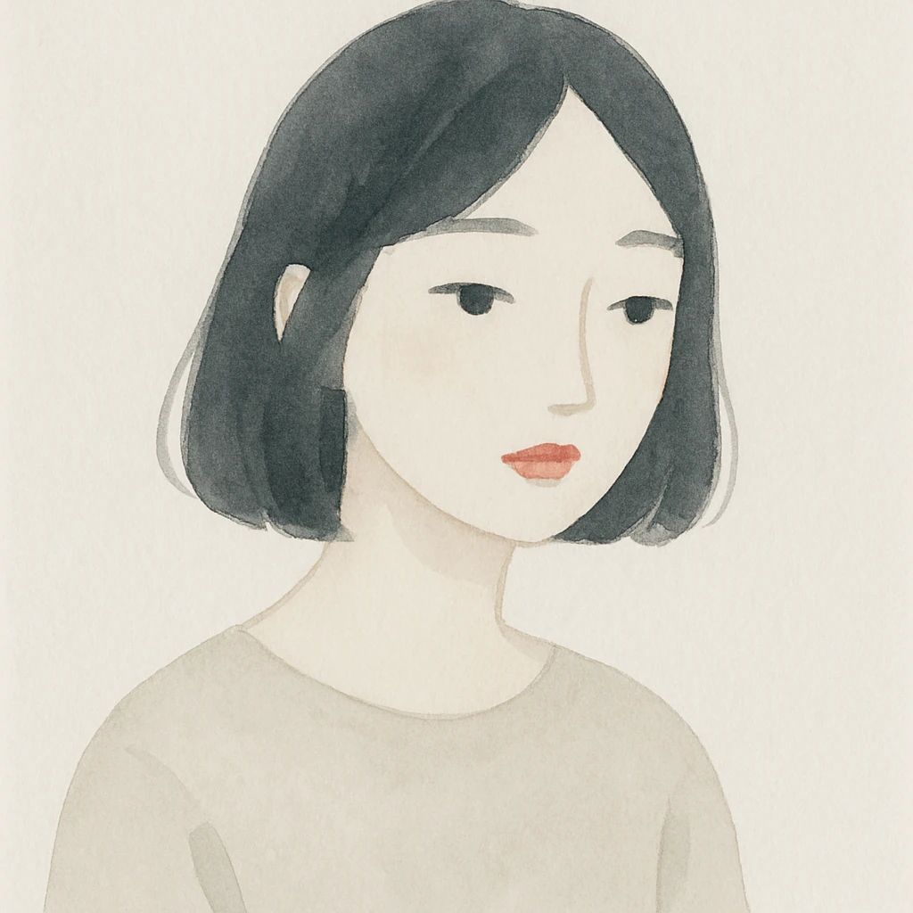 painterly illustration style girl with black hair, black eyes, and red lipstick emoji