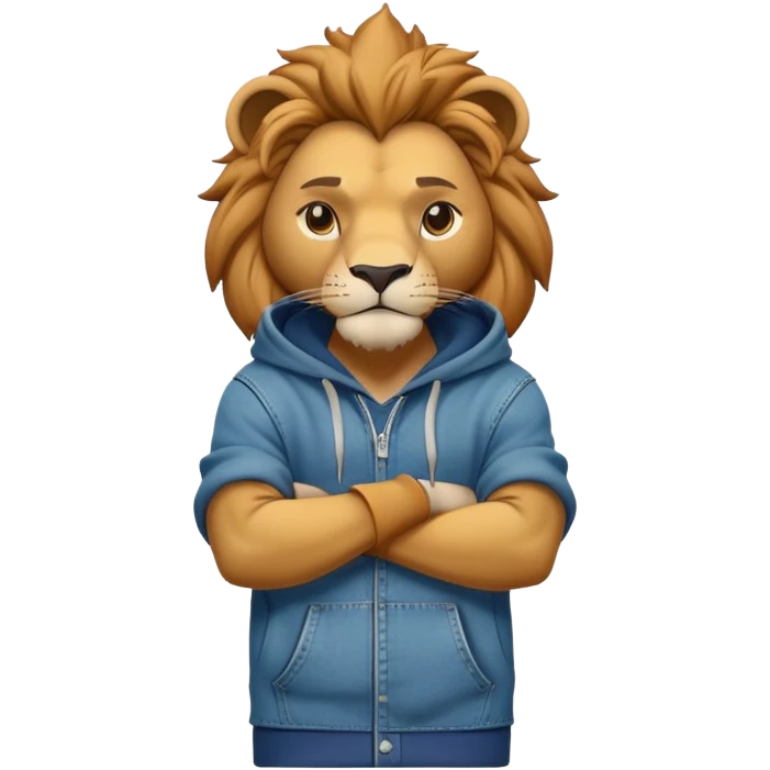 determined anthropomorphised lion in a hoodie and jeans with arms folded, energetic pose emoji