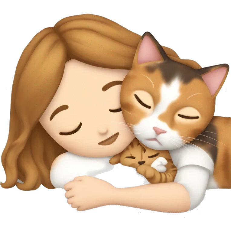 Calico cat sleeping with a girl who la white and has light brown hair  emoji