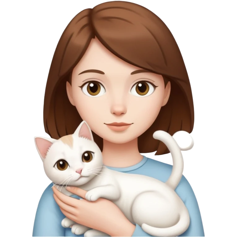 short brown haired white girl holding white cat emoji