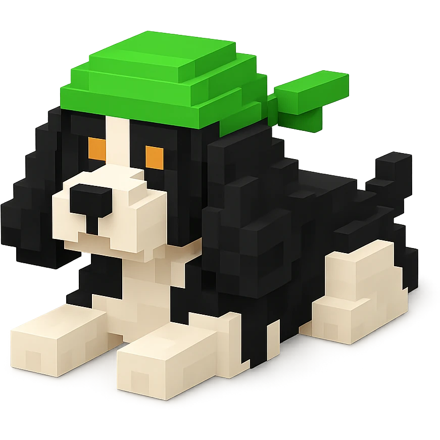 A black and white Russian Cocker Spaniel puppy wearing a green durag, voxel style, lying down emoji