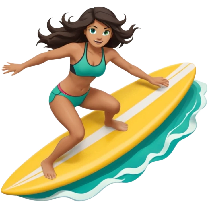 rk female surfer riding big turquoise wave, muscular green body, fierce tusked grin, sporty bikini top and board shorts, long windswept dark hair, focused eyes, surfboard under feet, minimal ocean and sky background, centered emoji, vibrant summer colors, sticker style emoji
