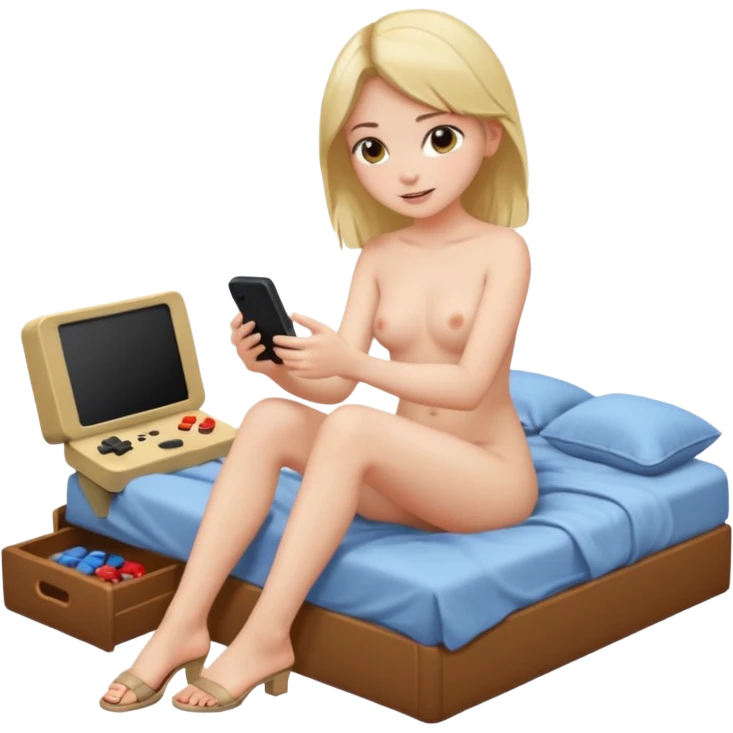 a girl, naked, sitting on her bed, playing a video game, shoes on emoji