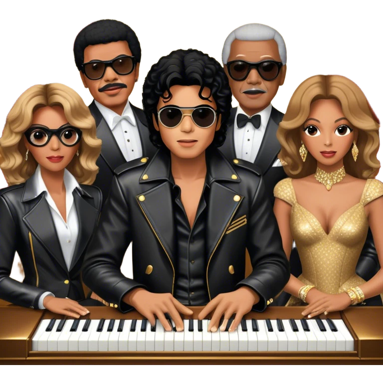 Michael Jackson in his black leather jacket, Beyoncé in a glamorous stage outfit, Lionel Richie in his classic look, Whitney Houston in her famous dress, and Ray Charles in black glasses sitting at a piano. Transparent background. emoji