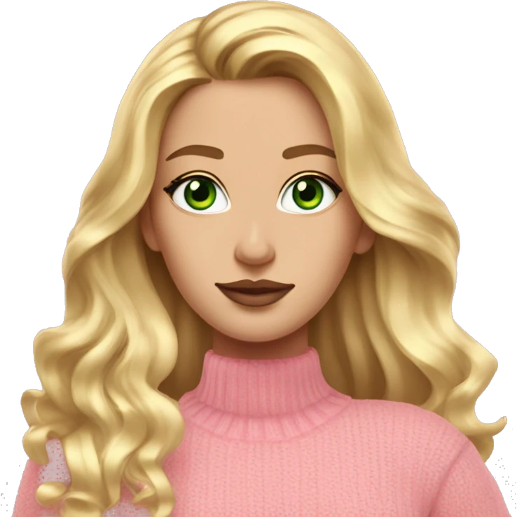White girl pink sweater pink lipstick green eyes gold earrings pink nails golden wavy long hair full body emoji