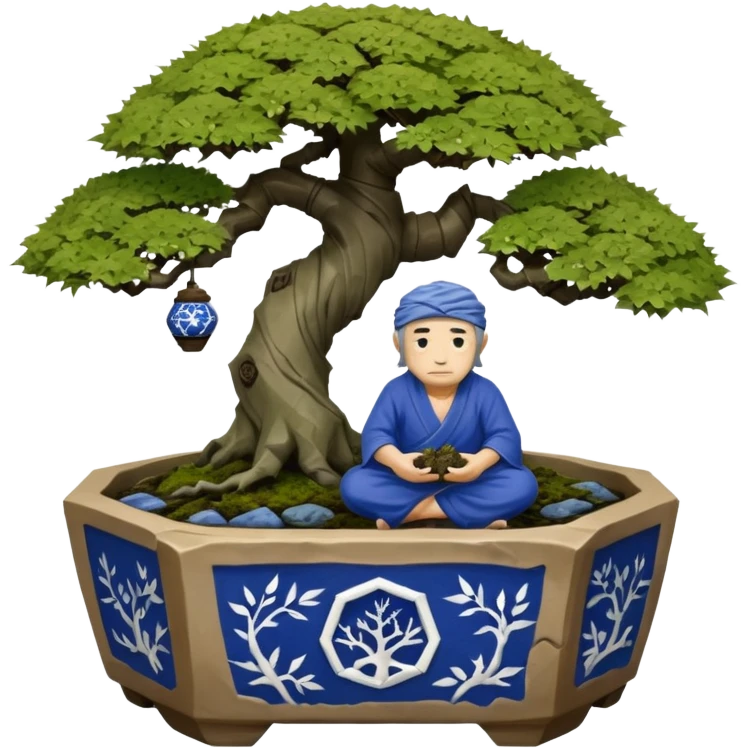 Alien hanging vines landscape mudman very old broken cracked intricate Stone Age rocky-crusted irregular dodecagon-shaped shallow dark moss rough bark blue willow flowered maple tree bonsai pot emoji