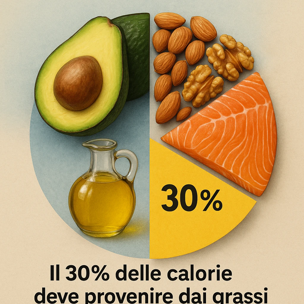 realistic infographic of food composition (avocado, olive oil, nuts, salmon) arranged to form a pie chart highlighting 30% fats, caption in Italian: 'Il 30% delle calorie deve provenire dai grassi', educational style, colorful background emoji