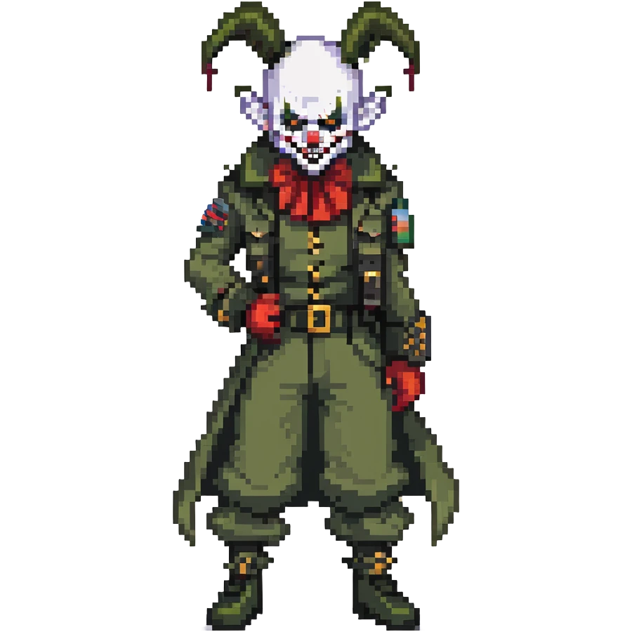 evil clown soldier, bald, small black satan horns on forehead, fangs, pointed ears, black and military green clothes with bellbottom pants, realistically proportioned, less bulky, full body, fighting stance emoji