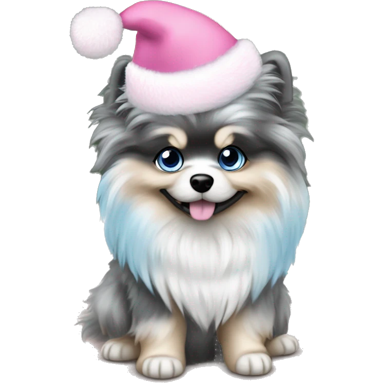 Blue Merle pomeranian puppy full body light blue eyes pink christmas hat on emoji