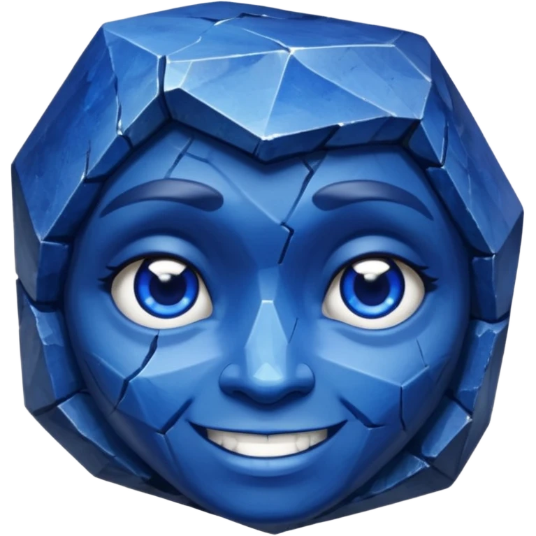 A single sapphire-blue faceted rock head, chunky and worn, with very visible cracks and chipped facets but still shiny, big kind eyes and a confident smile emoji