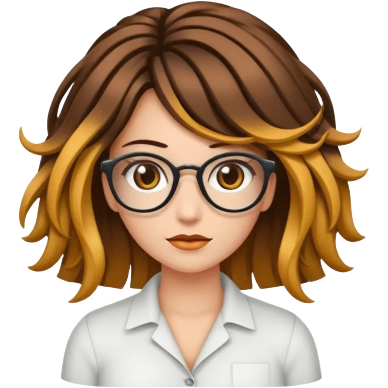 Uma garota de cabelos cacheados com mechas loiras, com pele morena clara e óculos emoji