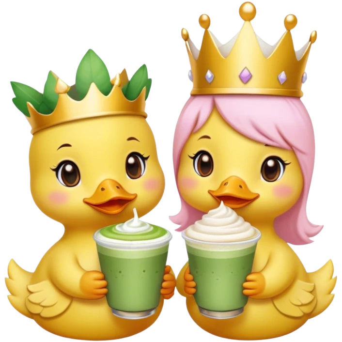 two girl yellow ducks that are besties, one wearing a light pink bow on its head and one wearing a crown while holding a matcha latte emoji