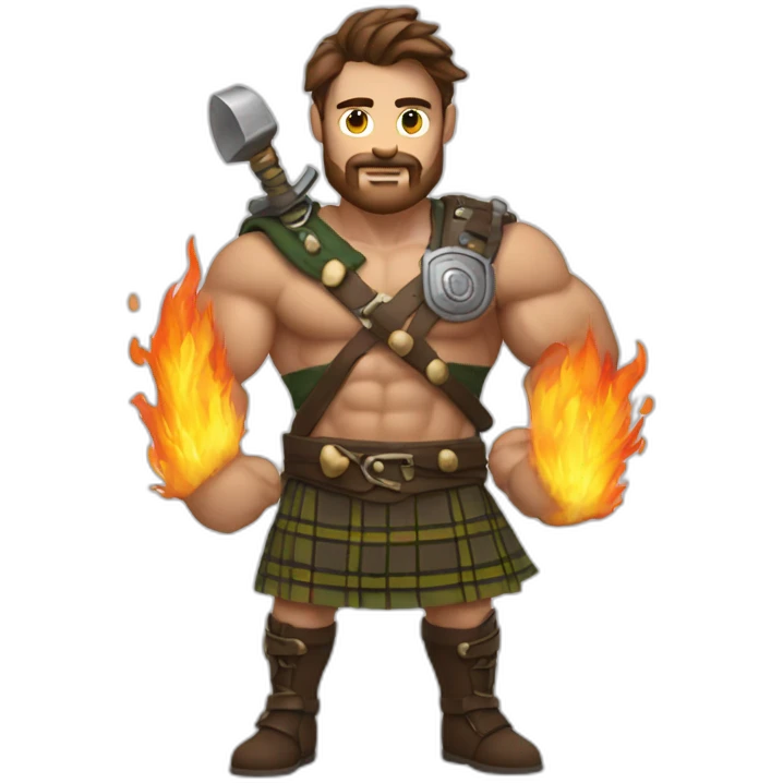 monty starts fire wearing a kilt flex bicep brown hair emoji